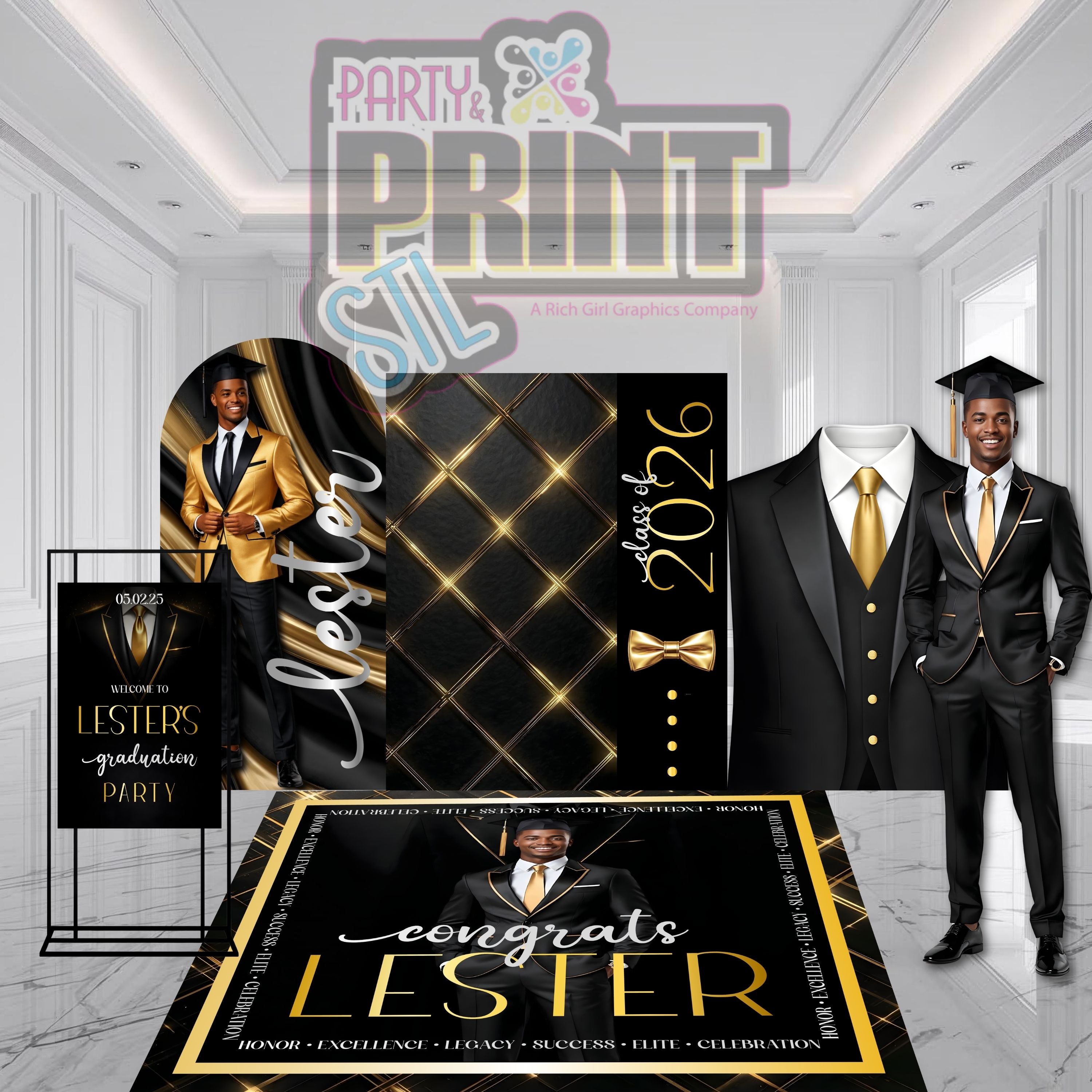 Black & Gold Tuxedo Graduation Decor Set – Personalized Graduation Party Backdrop, Floor Decal, Photo Board & Welcome Sign | Class of 2026 Graduation Decor