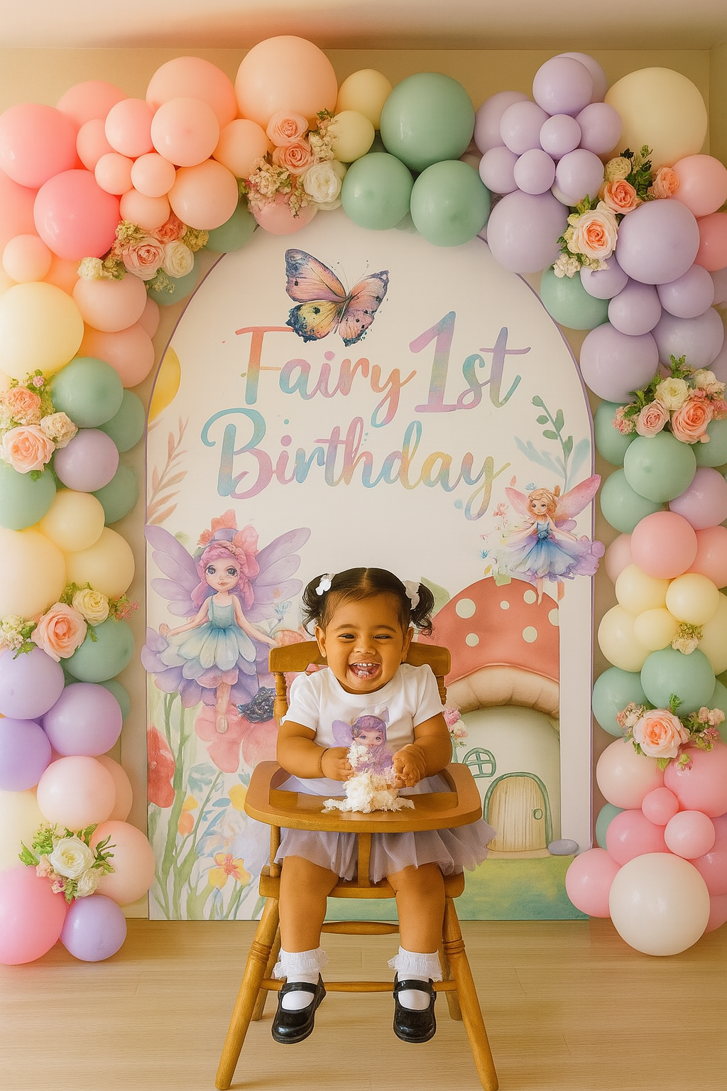 Fairy 1st Birthday Photo Backdrop – 6ft Tall Pastel Fairy Garden Theme