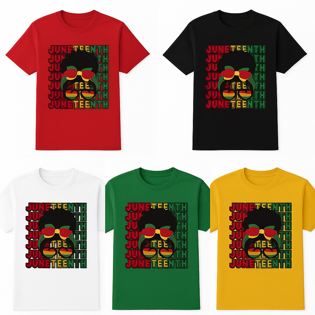 Juneteenth Afro Puff Woman T-Shirt – Red, Yellow & Green Pride Design