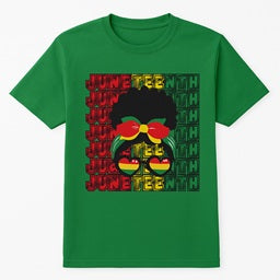Juneteenth Afro Puff Woman T-Shirt – Red, Yellow & Green Pride Design