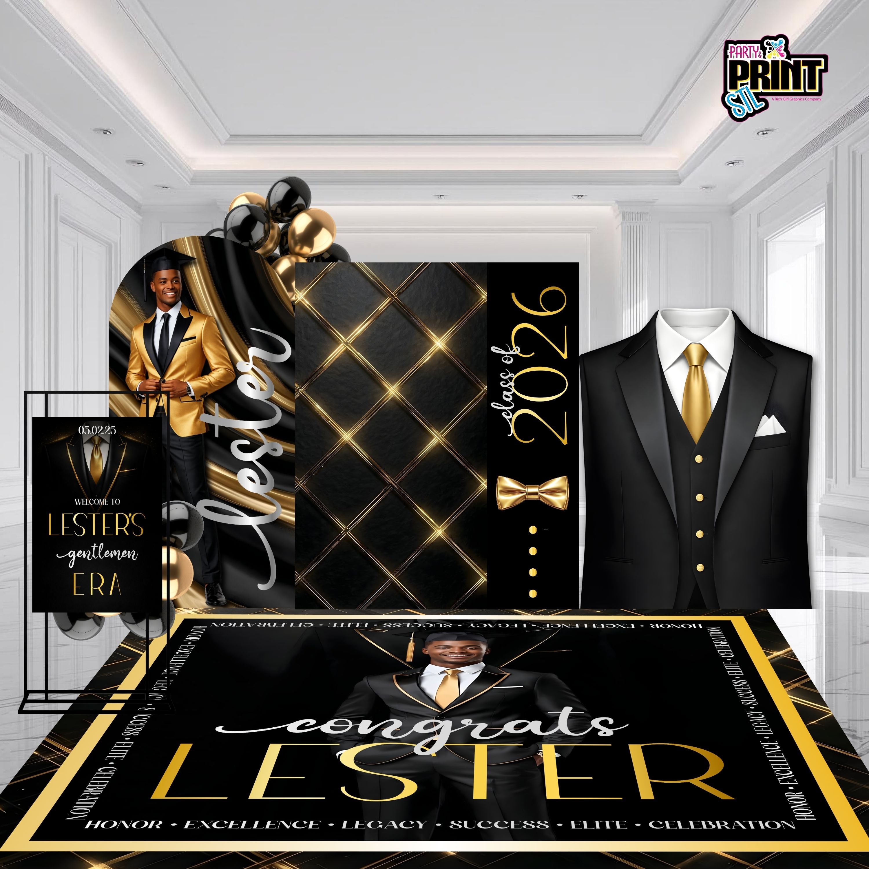 Black & Gold Tuxedo Graduation Decor Set – Personalized Graduation Party Backdrop, Floor Decal, Photo Board & Welcome Sign | Class of 2026 Graduation Decor
