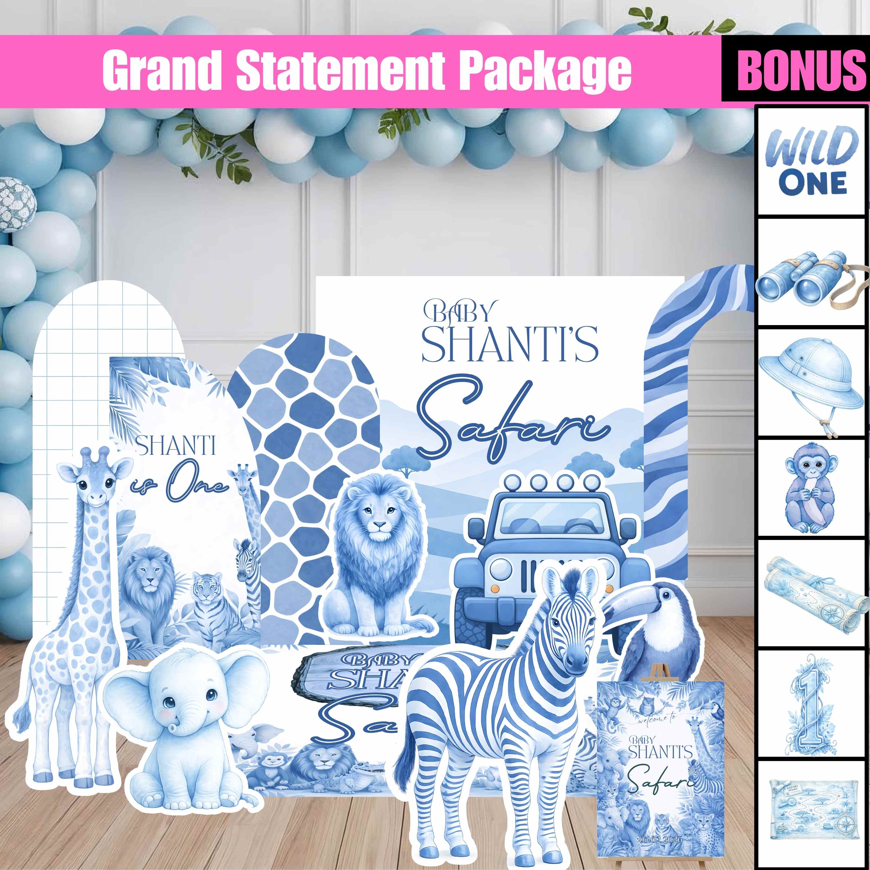 Blue Safari Birthday Packages | Backdrop, Arches, Floor Decal & Life-Size Cutouts | 4 Package Options