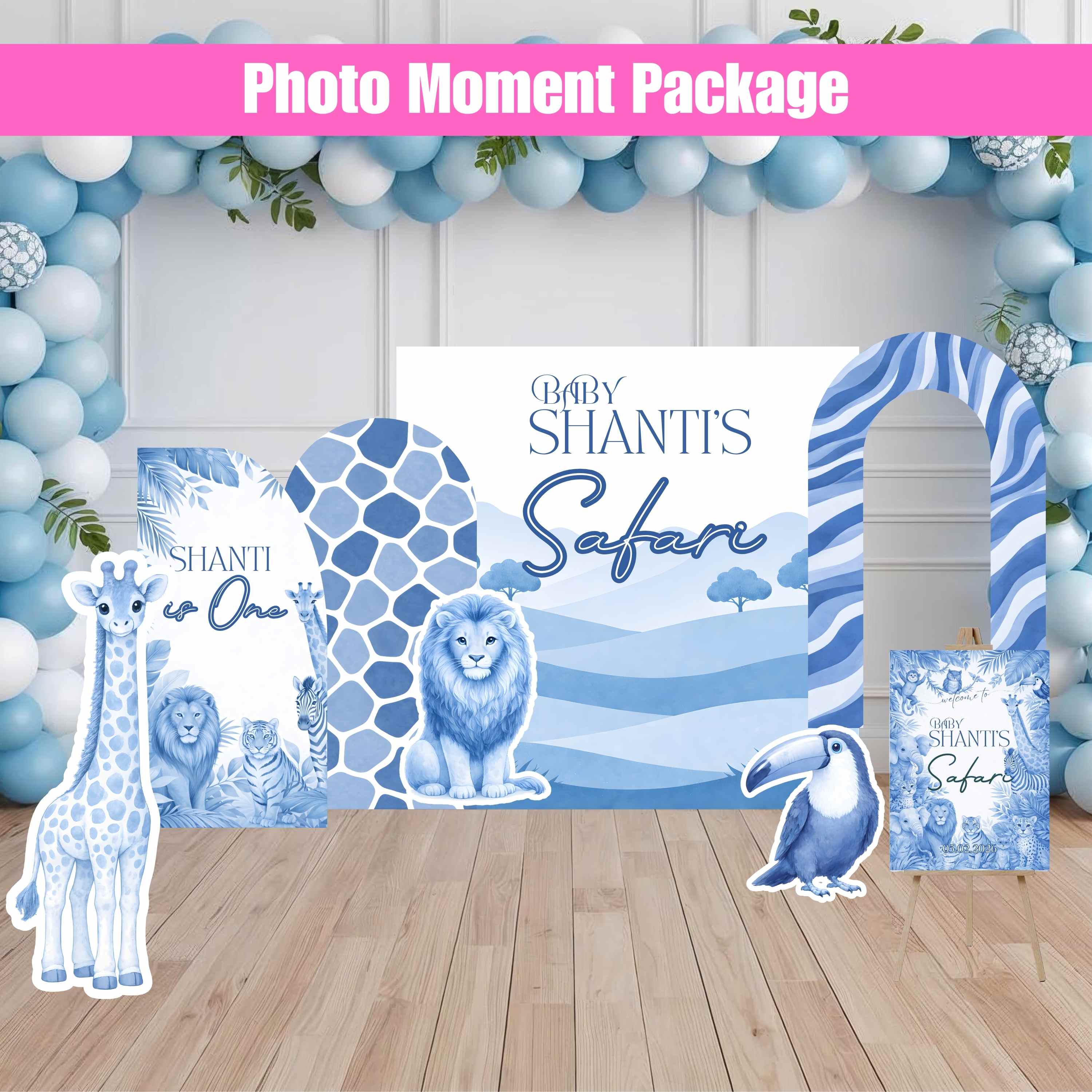 Blue Safari Birthday Packages | Backdrop, Arches, Floor Decal & Life-Size Cutouts | 4 Package Options