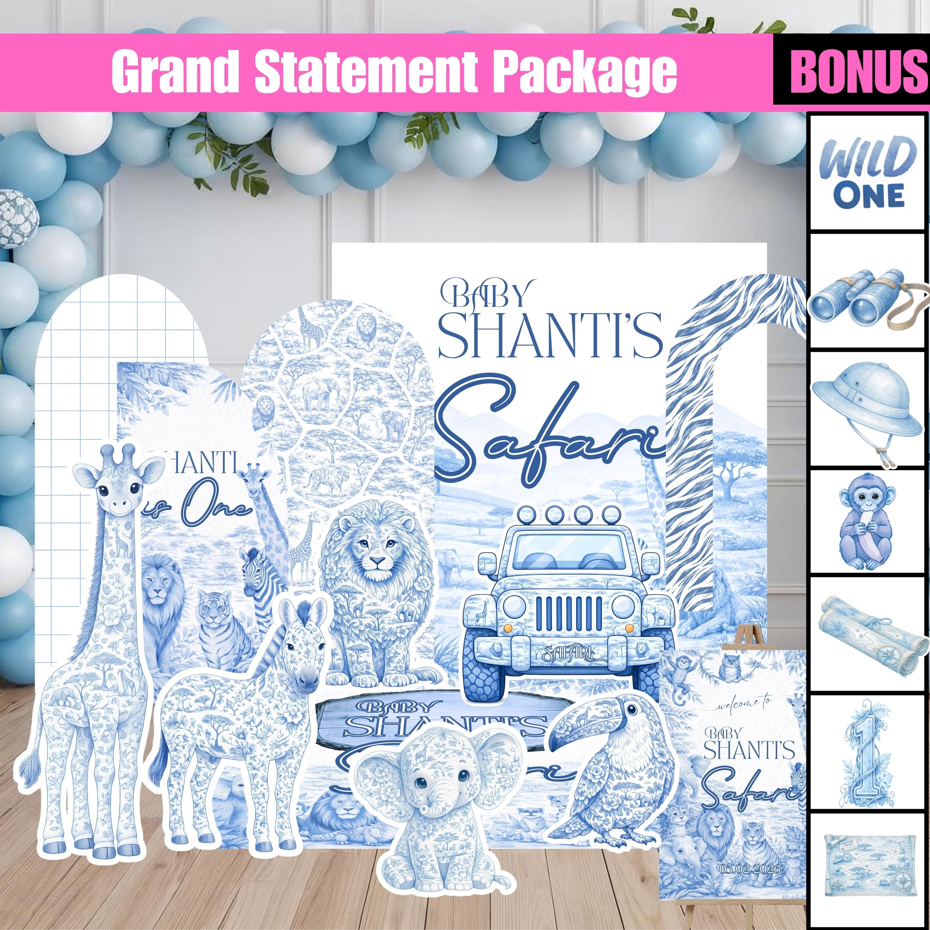 Blue Toile Safari Birthday Packages | Backdrop, Arches, Floor Decal & Life-Size Cutouts | 4 Package Options