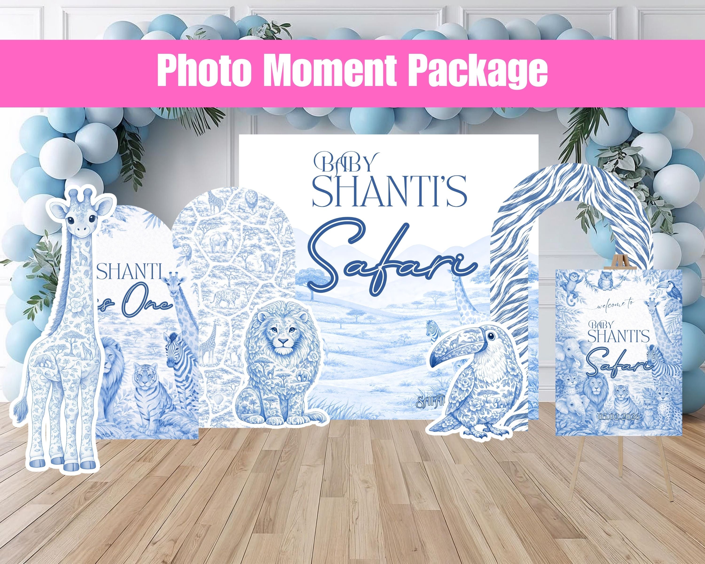 Blue Toile Safari Birthday Packages | Backdrop, Arches, Floor Decal & Life-Size Cutouts | 4 Package Options