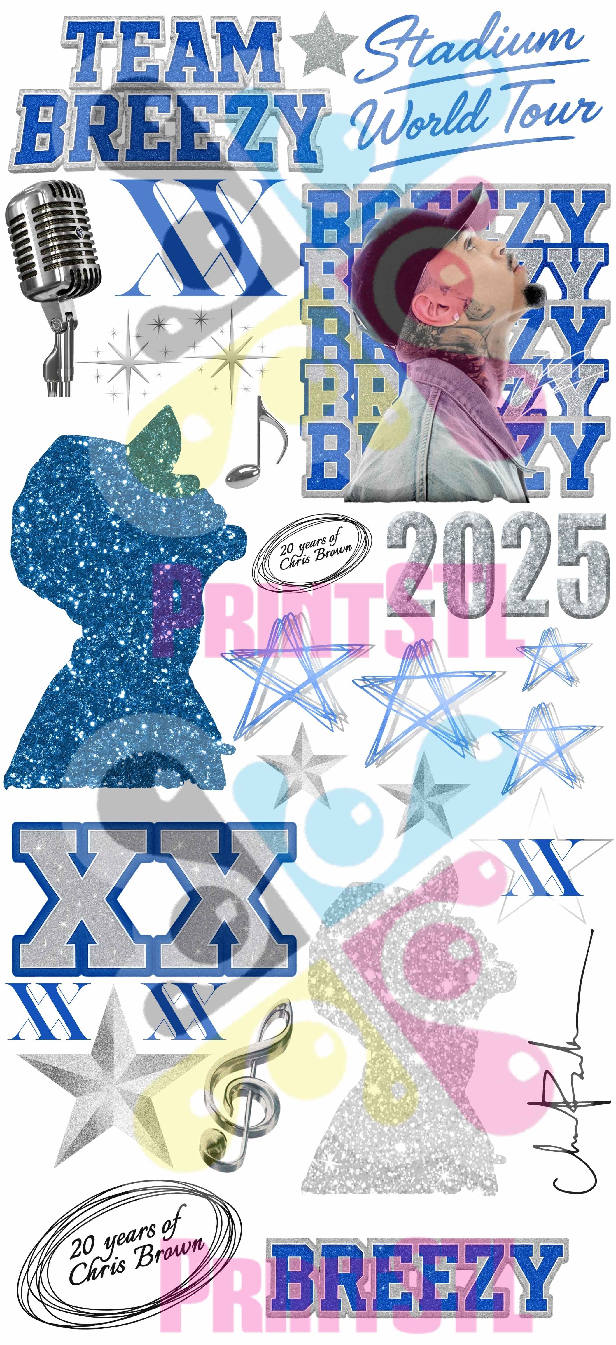 Team Breezy Blue & Silver DTF Gang Sheet – Stadium Tour Inspired Glitter Transfers (22"x48")