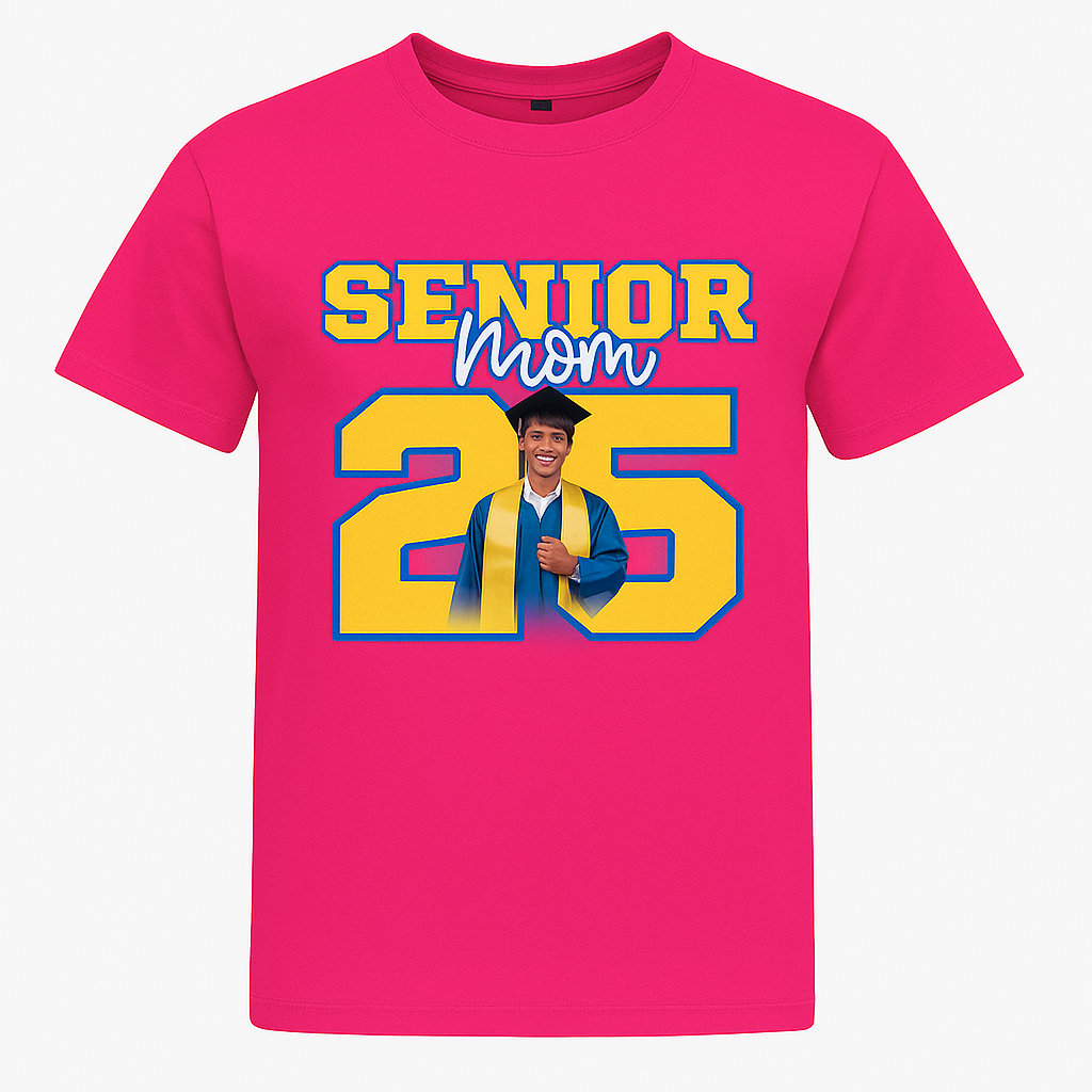 Senior Mom 2025 Shirt – Custom Graduation T-Shirt with Photo | Blue & Yellow Senior Night Tee
