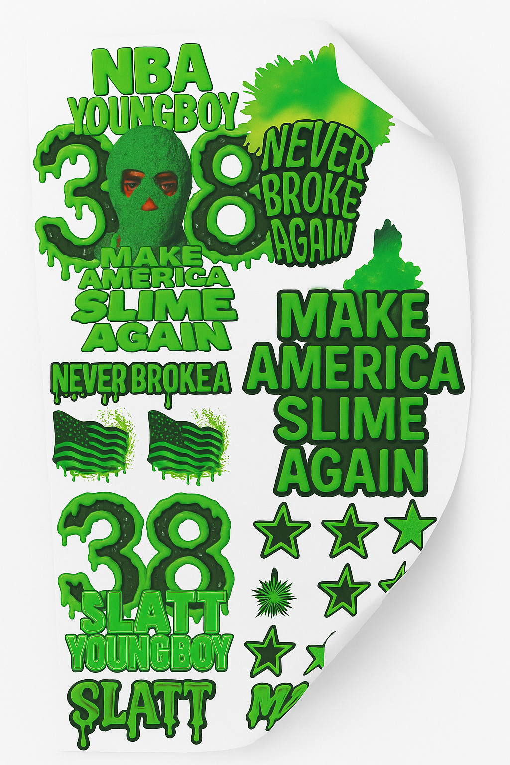 NBA Youngboy Inspired Slime Gangsheet | Make America Slime Again, 38, Slatt, Never Broke Again, Neon Green DTF Designs