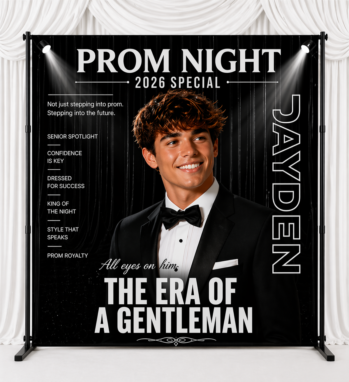 Prom Night Magazine Style Backdrop – Gentleman Theme | Custom Photo, Name & Colors