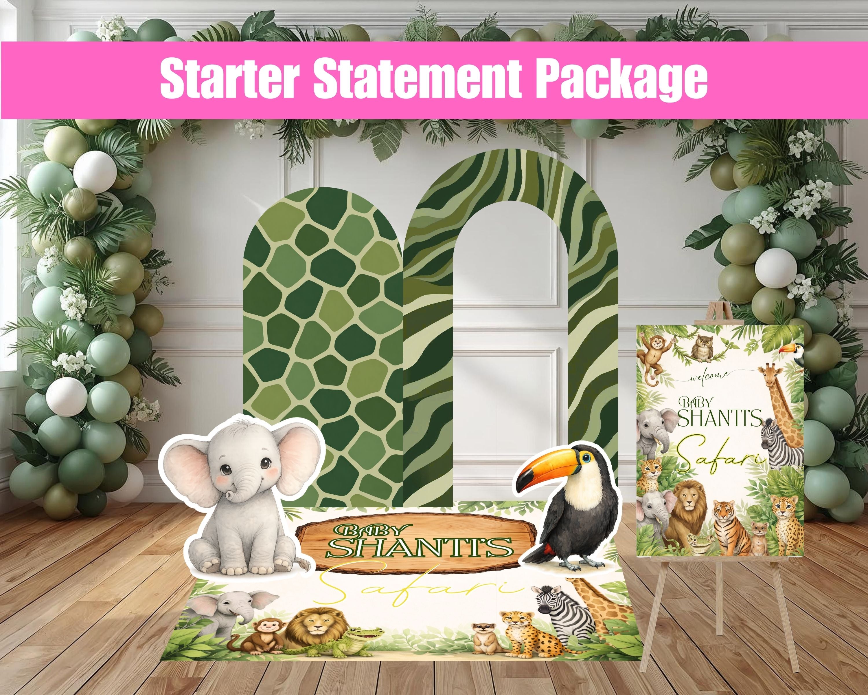 Green Safari Birthday Packages | Backdrop, Arches, Floor Decal & Life-Size Cutouts | 4 Package Options