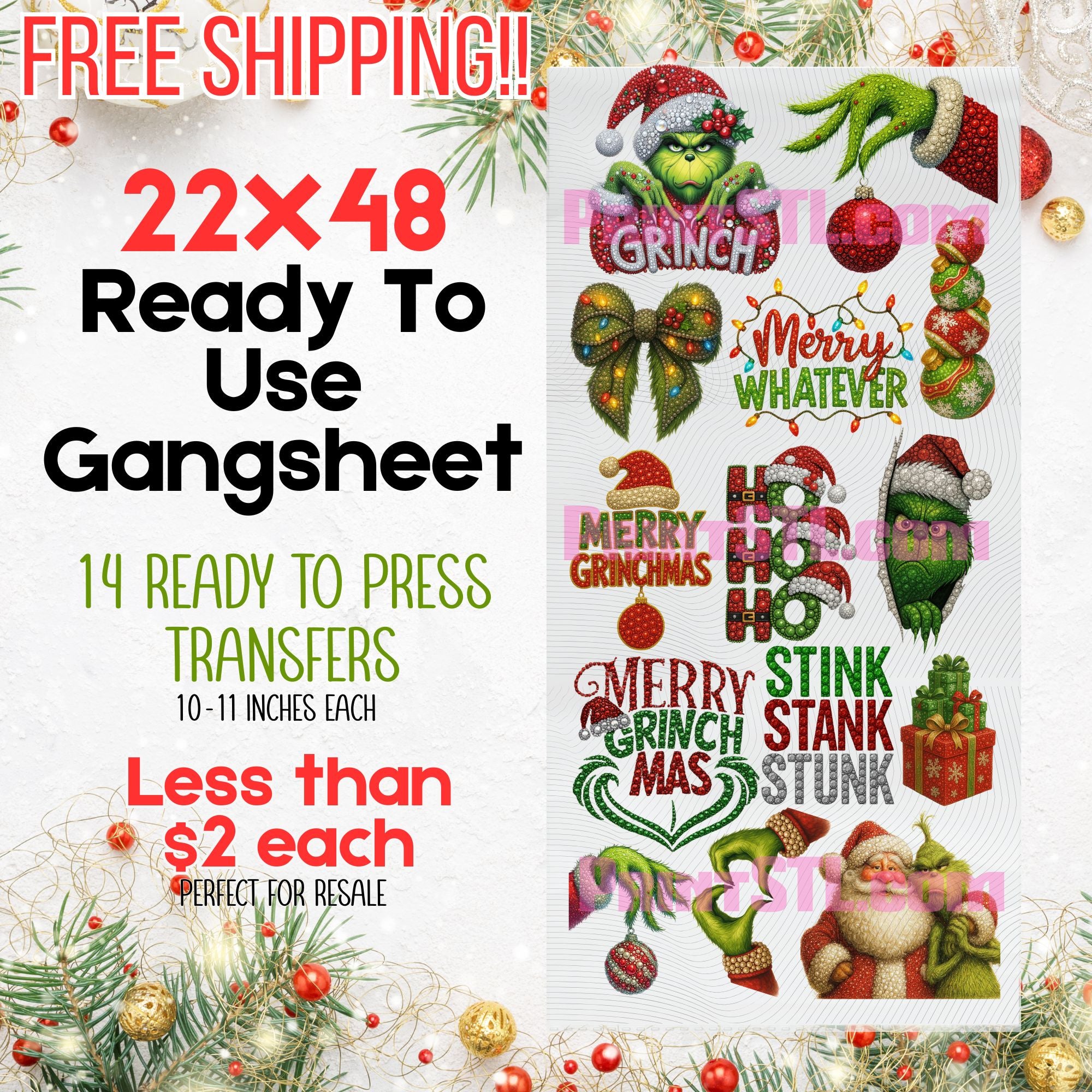 Sparkling Grinch Holiday Character Gang Sheet 22x48 – Red & Green Rhinestone Look Christmas DTF Transfers | Ready to Press | FREE SHIPPING