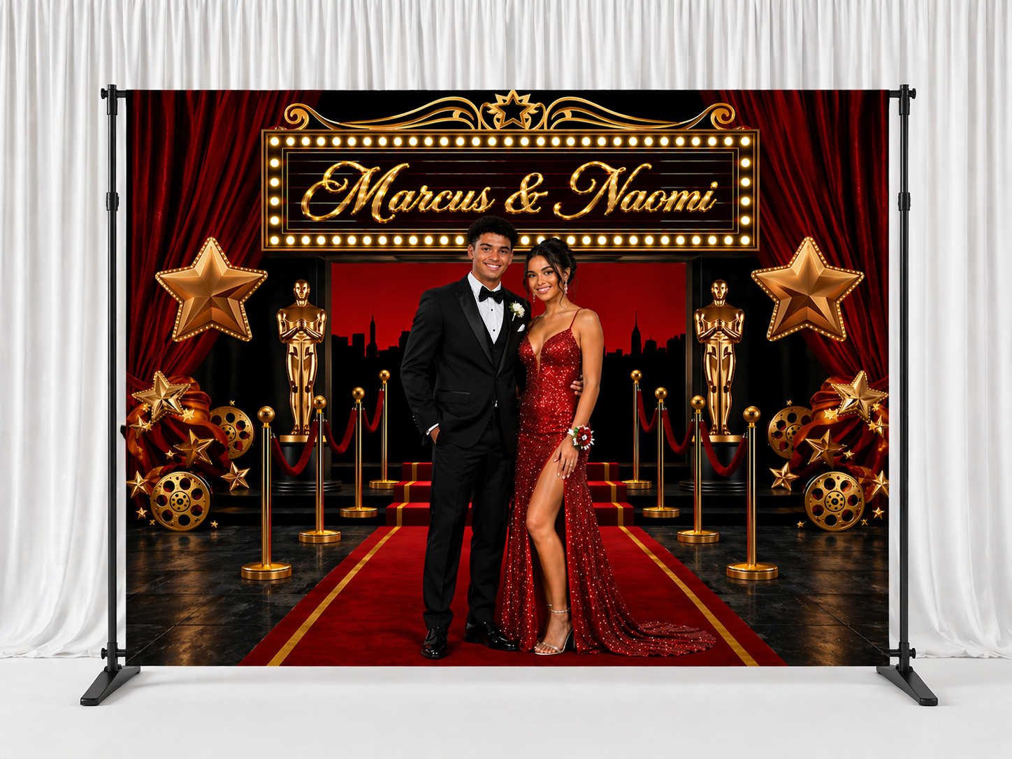 Hollywood Red Carpet Prom Backdrop – Custom Photo, Name & Colors | Prom Send-Off Backdrop