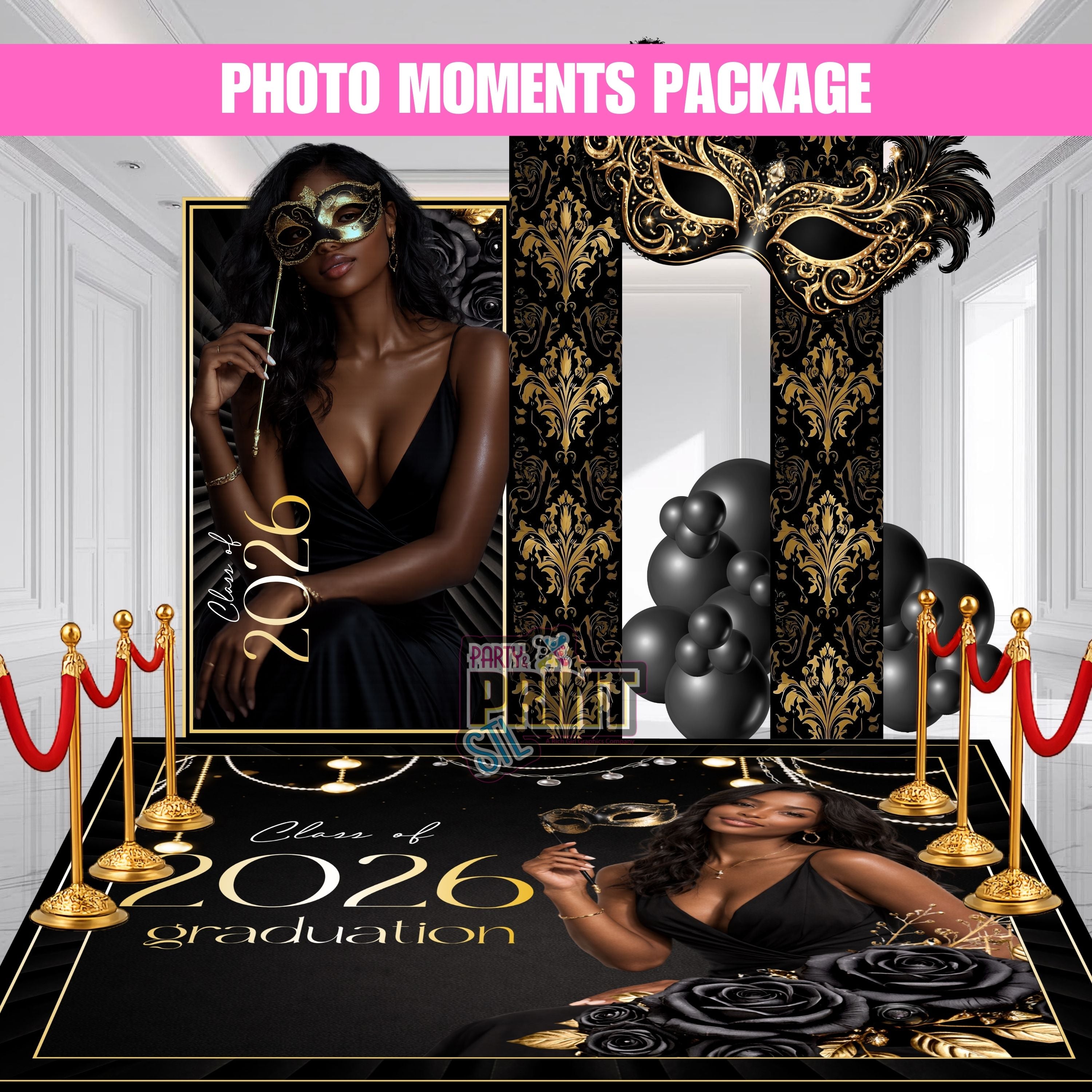 Black & Gold Masquerade Graduation Decor Set – Luxury Grad Display + Floor Decal