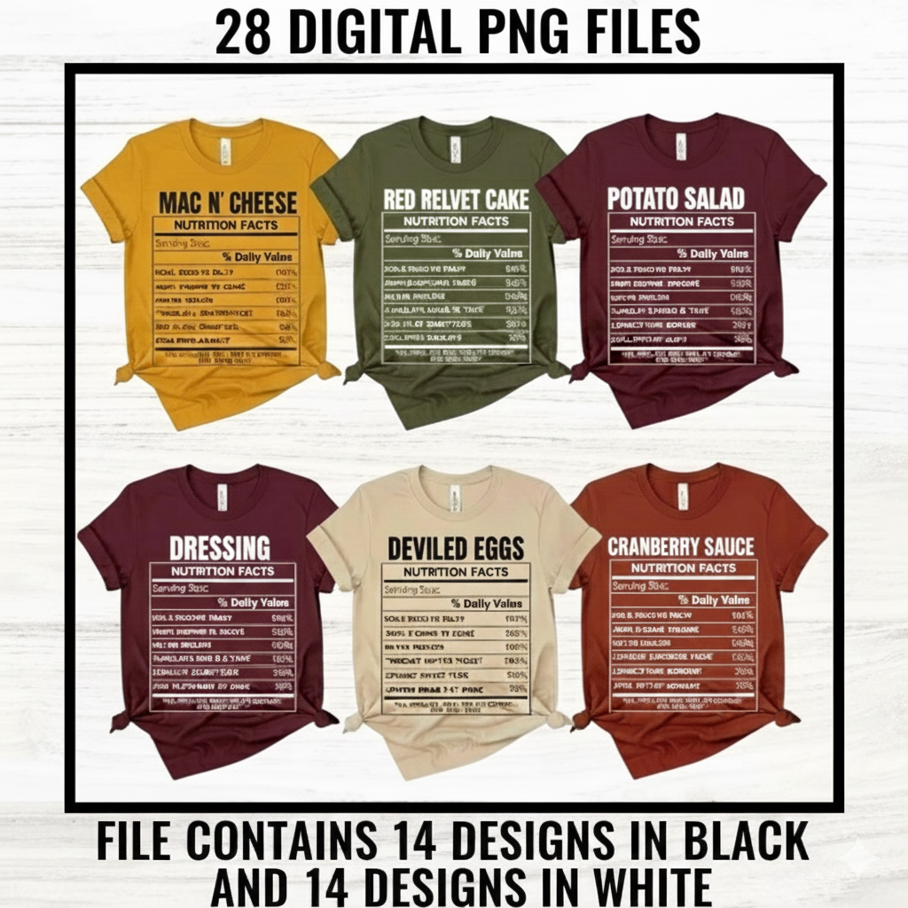 28 Funny Thanksgiving Nutrition Facts PNG Bundle | DTF, Sublimation & T-Shirt Designs | 14 Black & 14 White Files