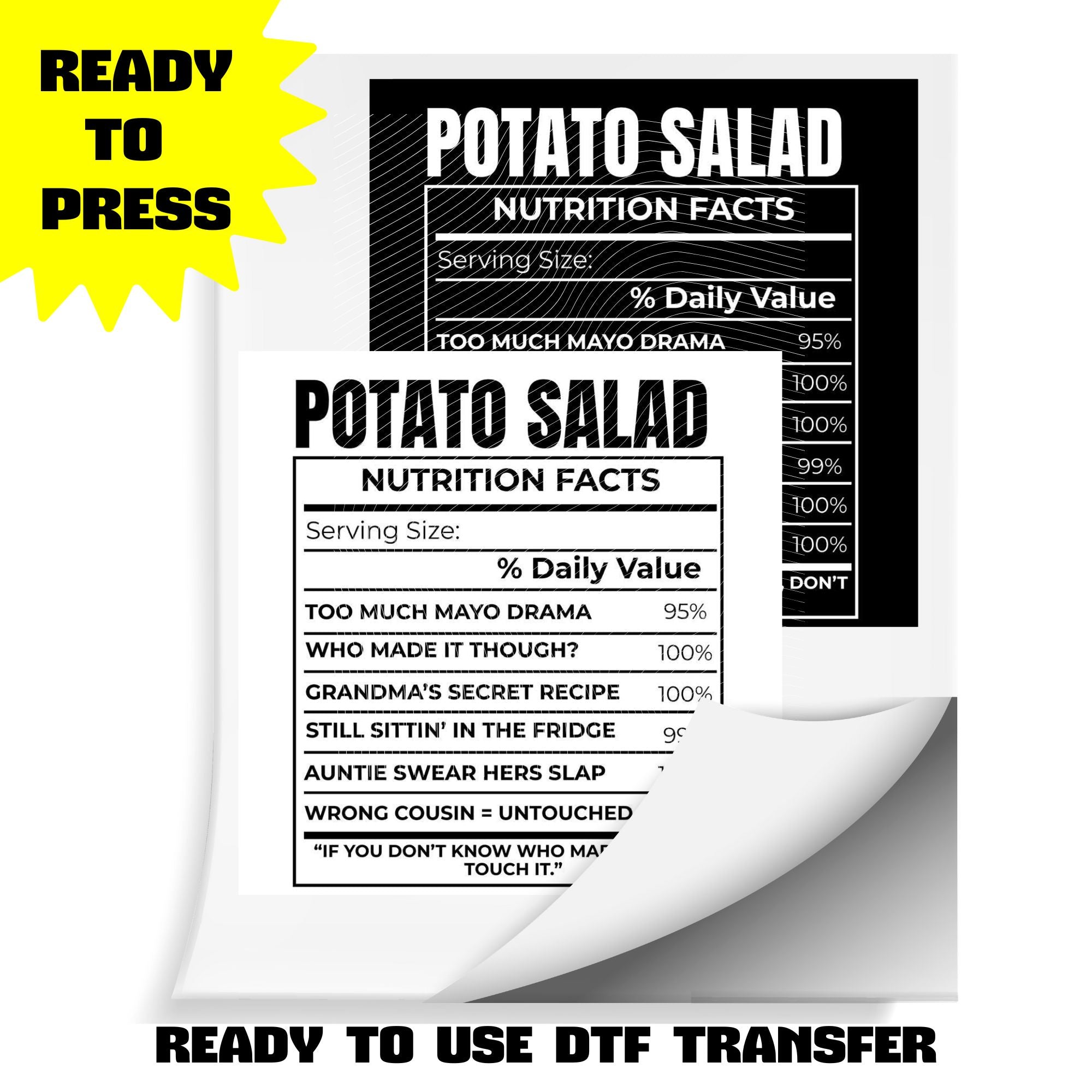 Potato Salad Nutrition Facts | DTF Heat Transfer (Adult & Kids Sizes) | Ready To Press