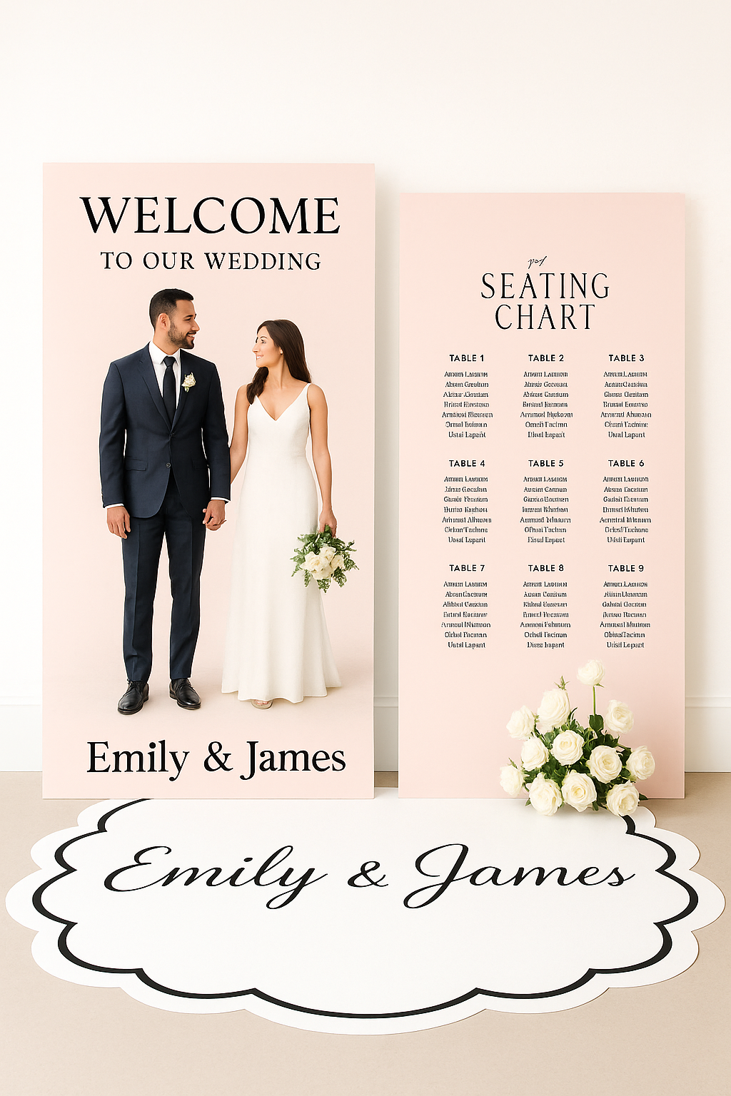 Custom Wedding Welcome Sign & Seating Chart Set – Elegant Photo Display with Floor Decal