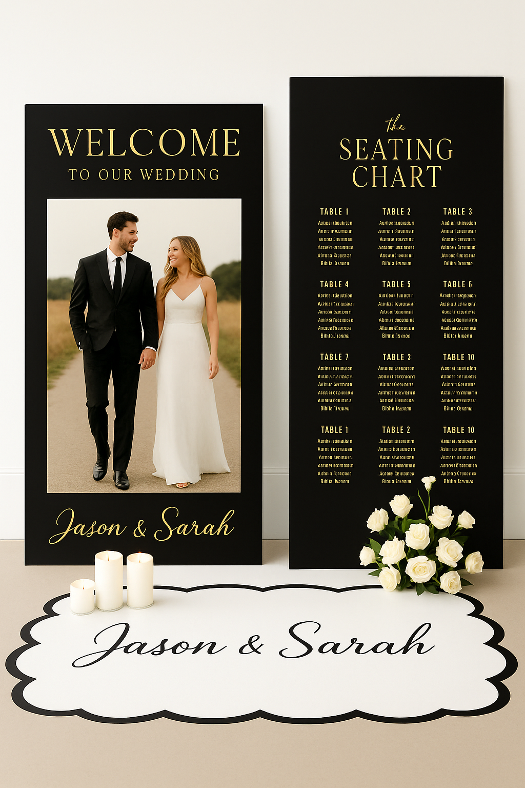 Custom Wedding Welcome Sign & Seating Chart Set – Elegant Photo Display with Floor Decal