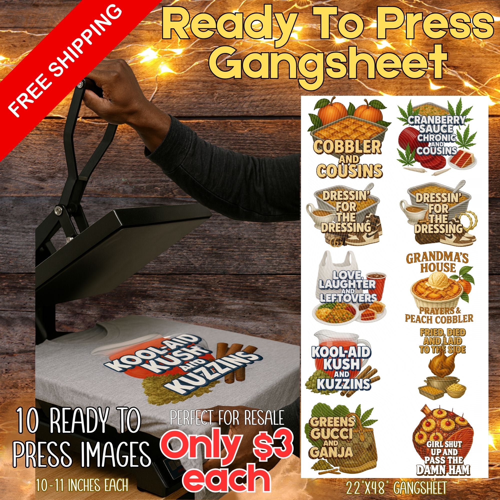 Thanksgiving Ready-to-Press Gangsheets – 10 Designs (22"x48") Featuring Pass The Damn Ham – FREE Shipping