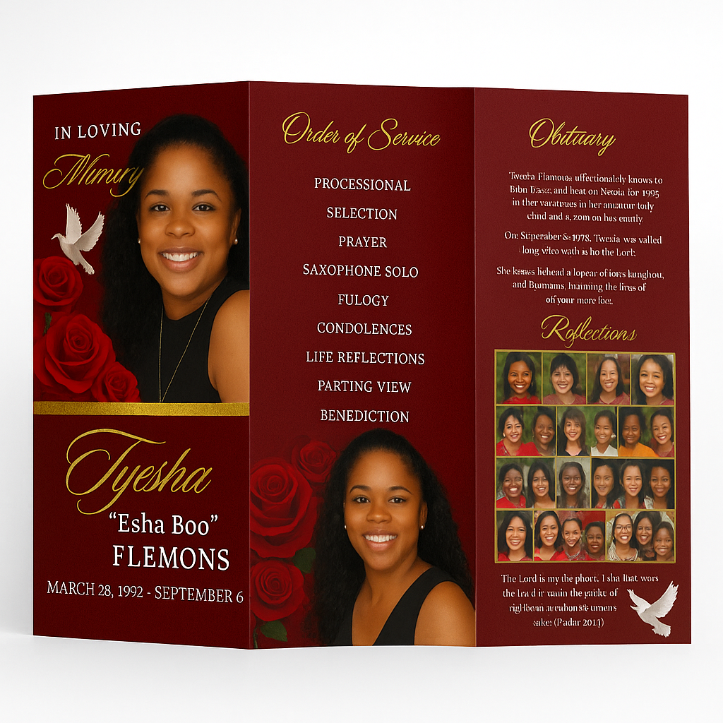 Custom Tri-Fold Obituary Program | 11"x17" or 11"x14" Memorial Service Brochure with Photos & Order of Service