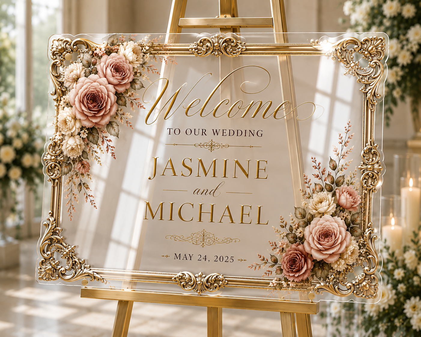 Vintage Elegance Acrylic Wedding Welcome Sign | Personalized Wedding Welcome Board