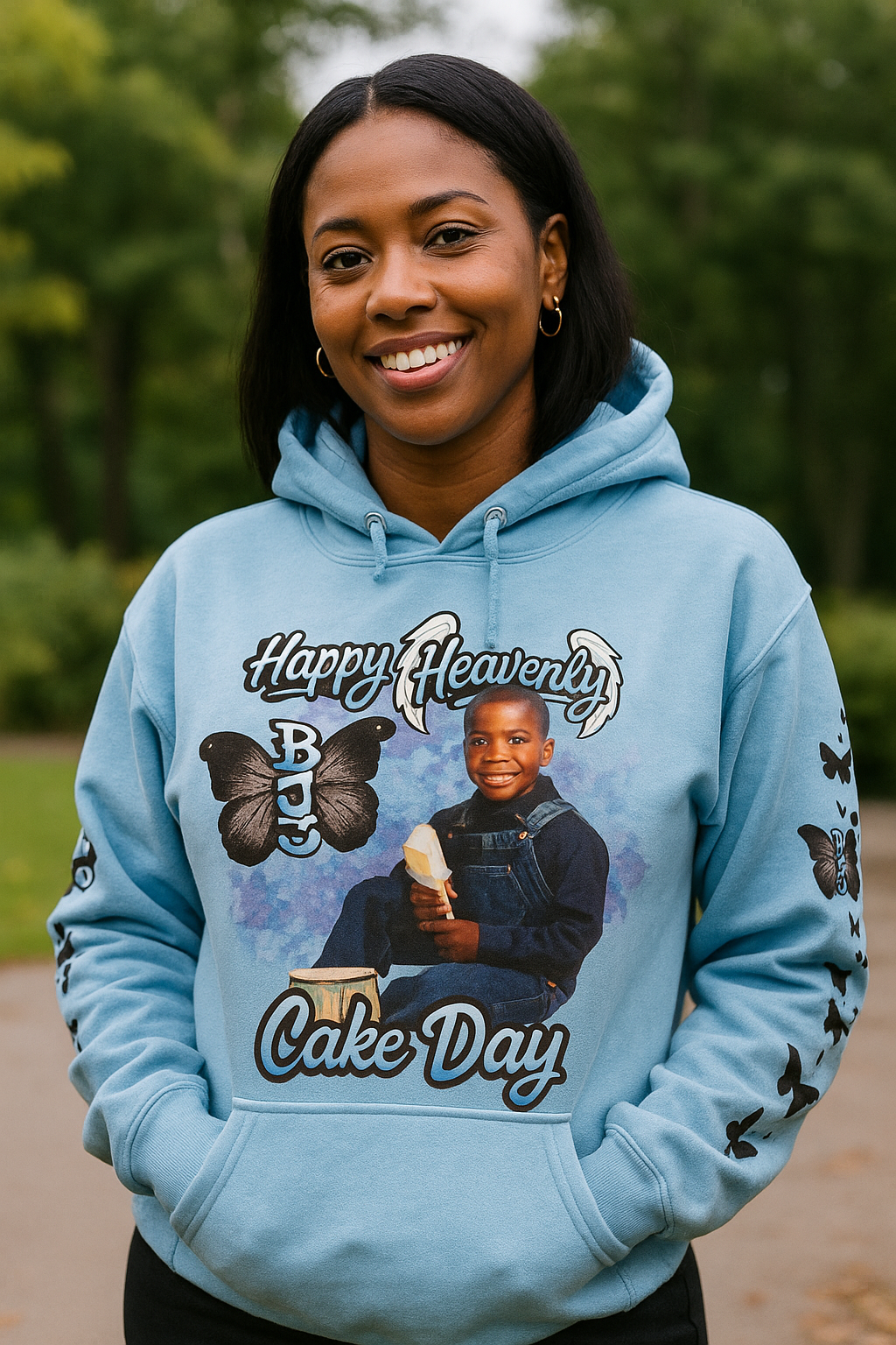 Happy Heavenly Cake Day Memorial Hoodie – Custom Photo Tribute Butterfly Design