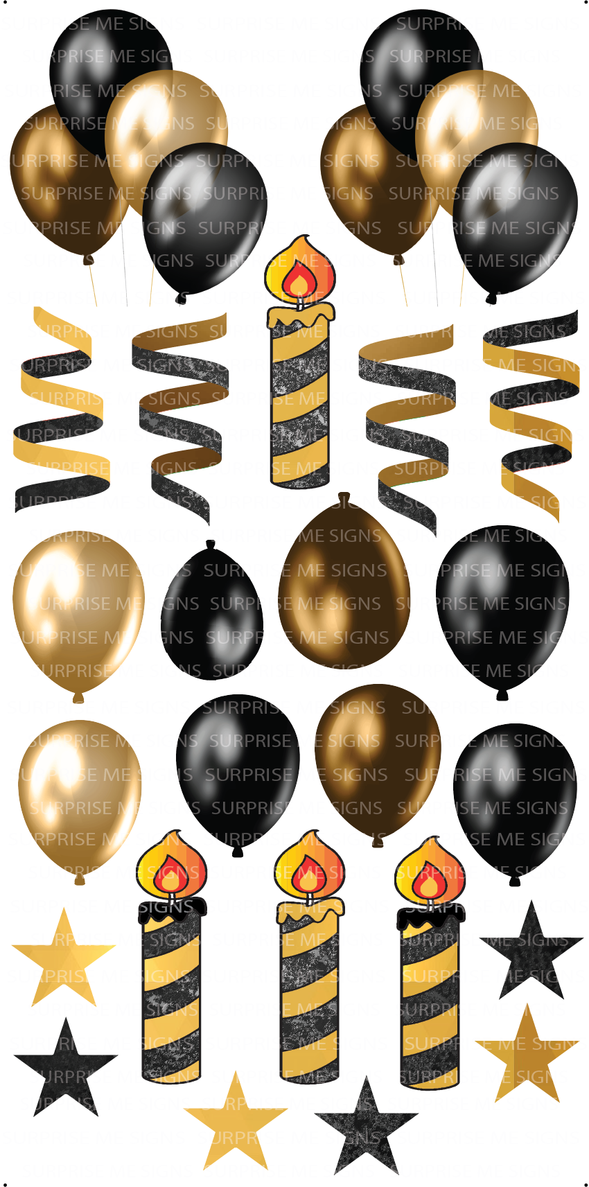 Flair BLACK & GOLD - Balloons, Streamers, Candles, Stars Combo Yard Card (Glitter and Plain Available)