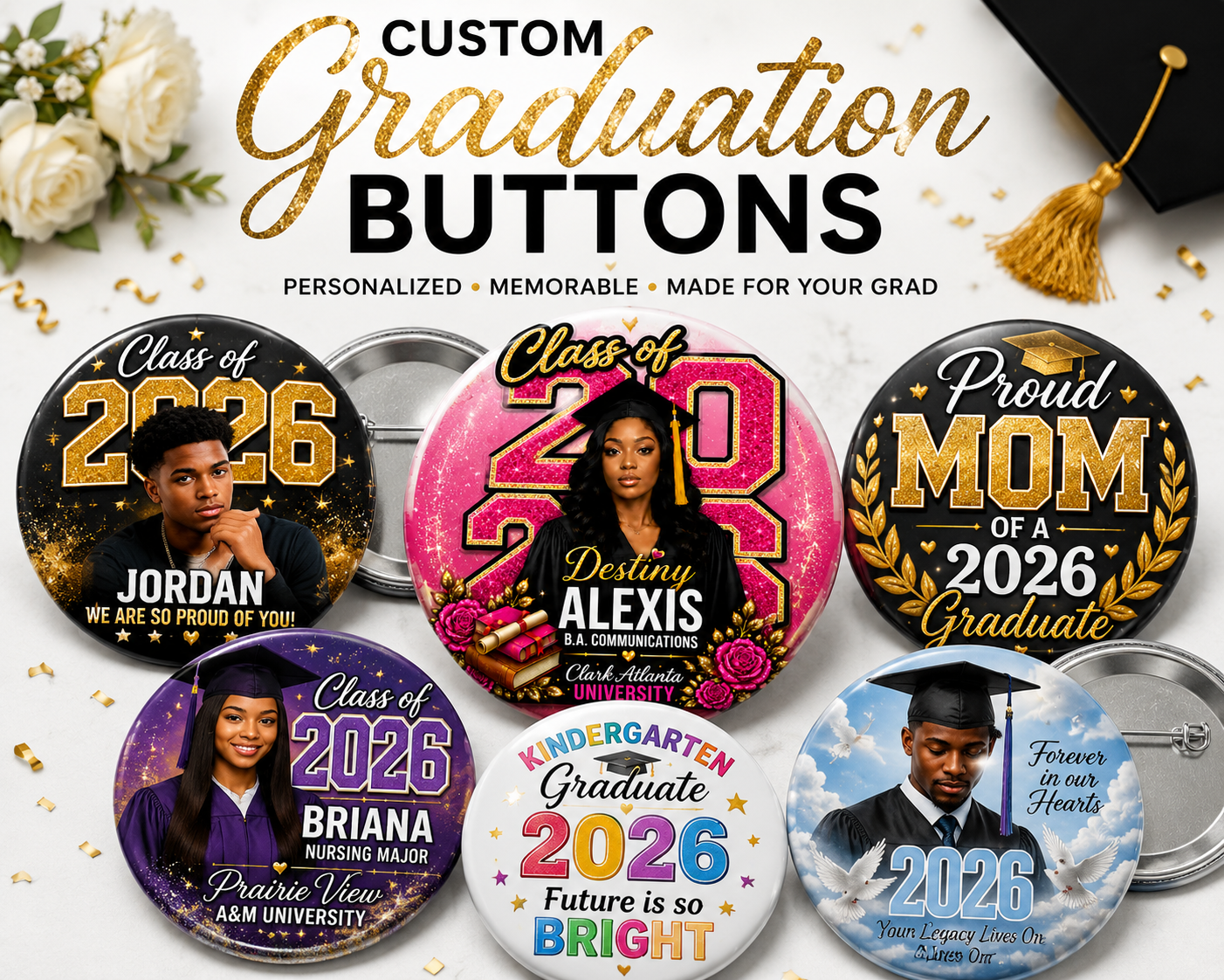 Custom Graduation Buttons | Personalized Photo Grad Buttons – Party ...