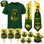 10pc Graduation Set Including Shirt, Stole, Fans & Buttons & Cap Topper | Personalized Grad Bundle