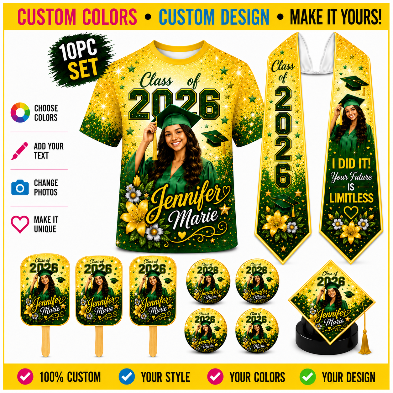 10pc 3D Shirt Bundle including Stole, Fans, Buttons & Cap Topper