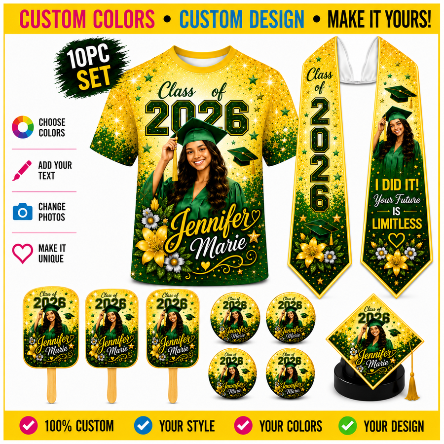 10pc 3D Shirt Bundle including Stole, Fans, Buttons & Cap Topper