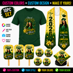 10pc Graduation Set Including Shirt, Stole, Fans & Buttons & Cap Topper | Personalized Grad Bundle