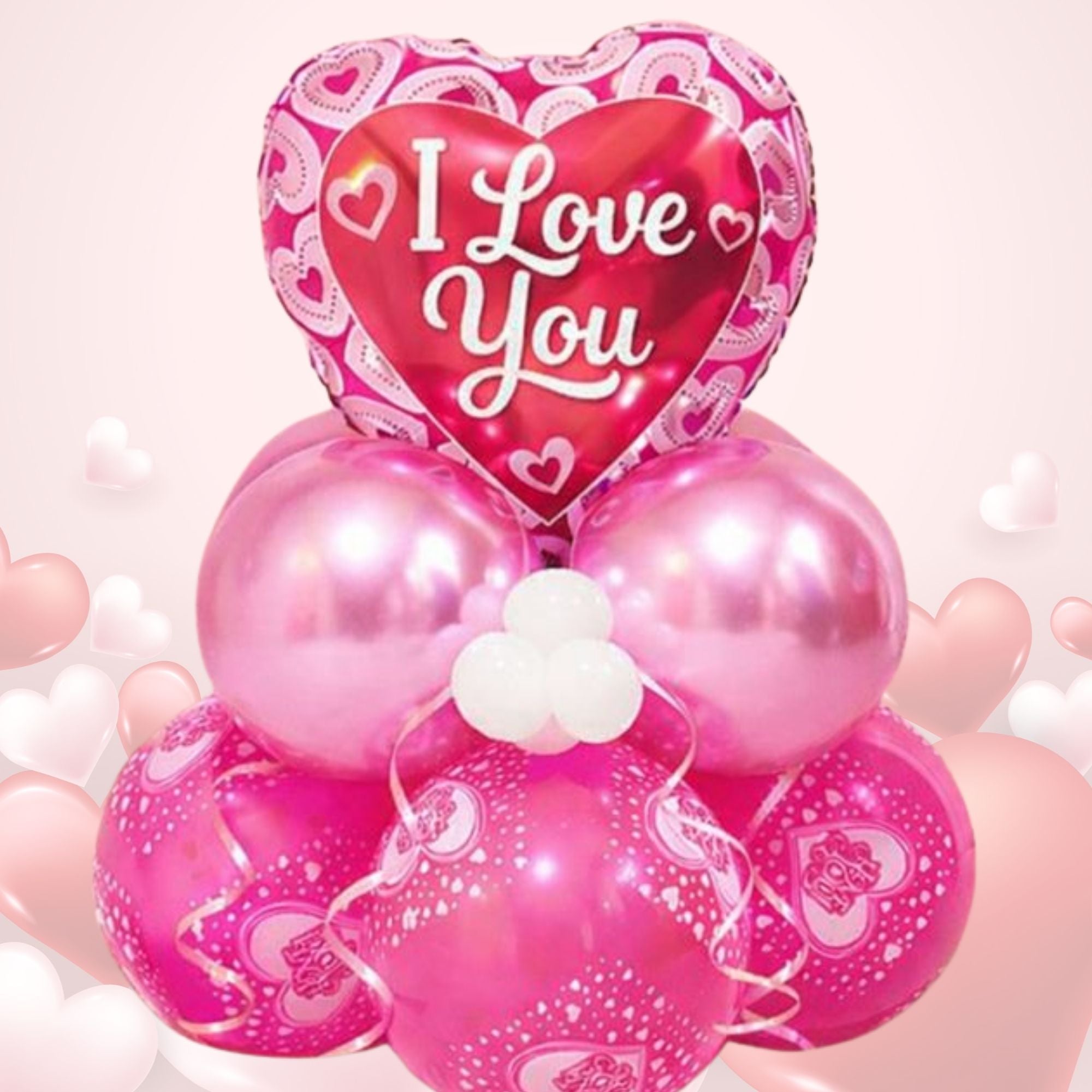 Pink Valentine Balloon Stack – Heart Tower with “Happy Valentine’s Day or I Love You” Foil