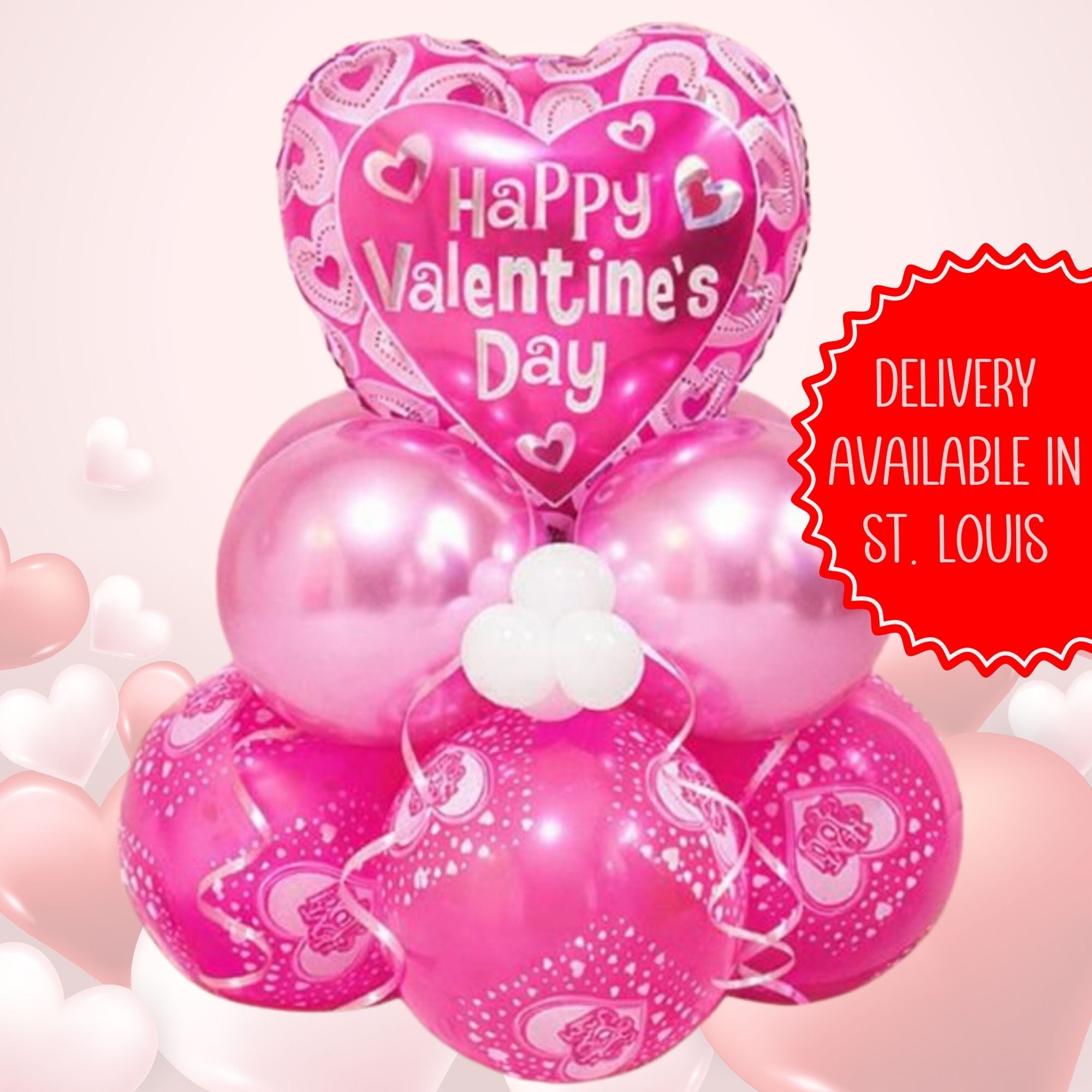 Pink Valentine Balloon Stack – Heart Tower with “Happy Valentine’s Day or I Love You” Foil