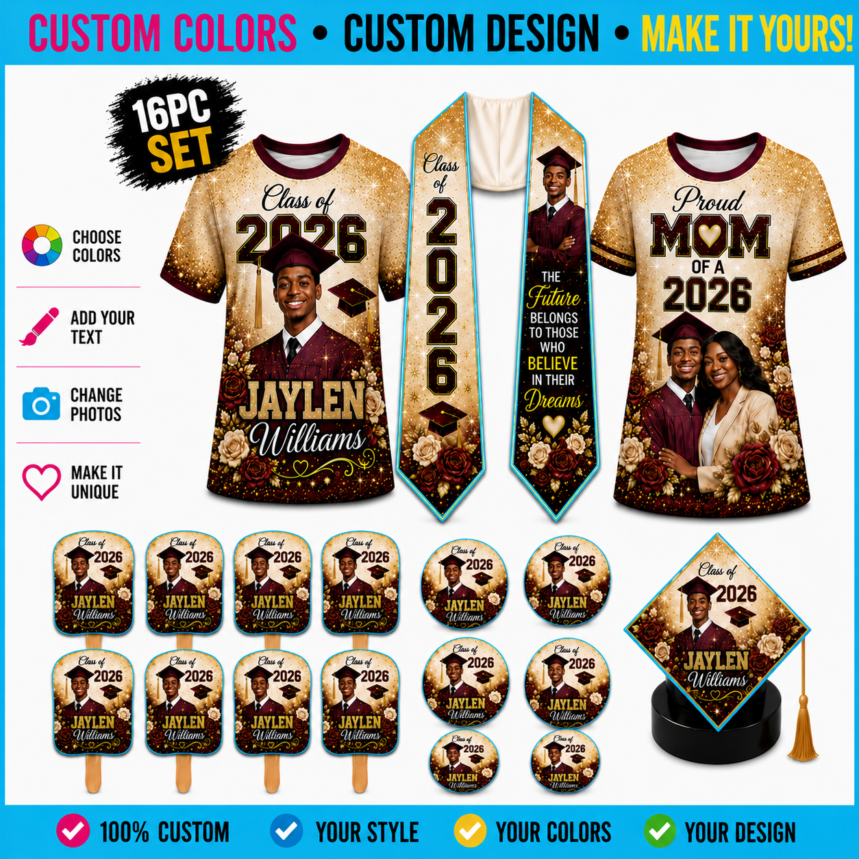 16pc 3D Shirt Bundle including Two Shirts, Stole, Fans, Buttons & Cap Topper