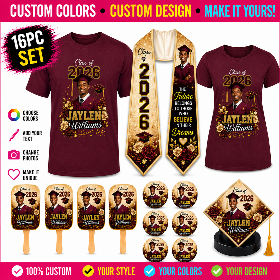 16pc Graduation Set Including Two Shirts, Stole, Fans & Buttons & Cap Topper | Personalized Grad Bundle