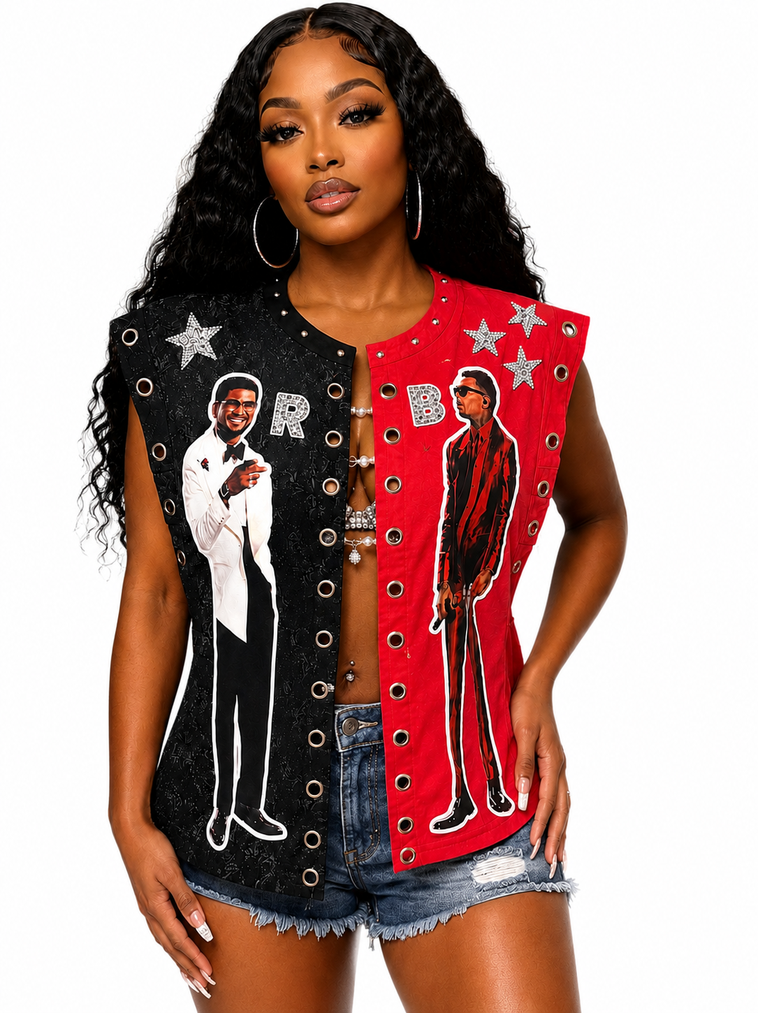 Legends 26 Split Sleeveless Concert Shirt –Size Small | Red & Black Glitter Statement Shirt | One of a Kind