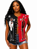 Legends 26 Split Sleeveless Concert Shirt –Size Small | Red & Black Glitter Statement Shirt | One of a Kind