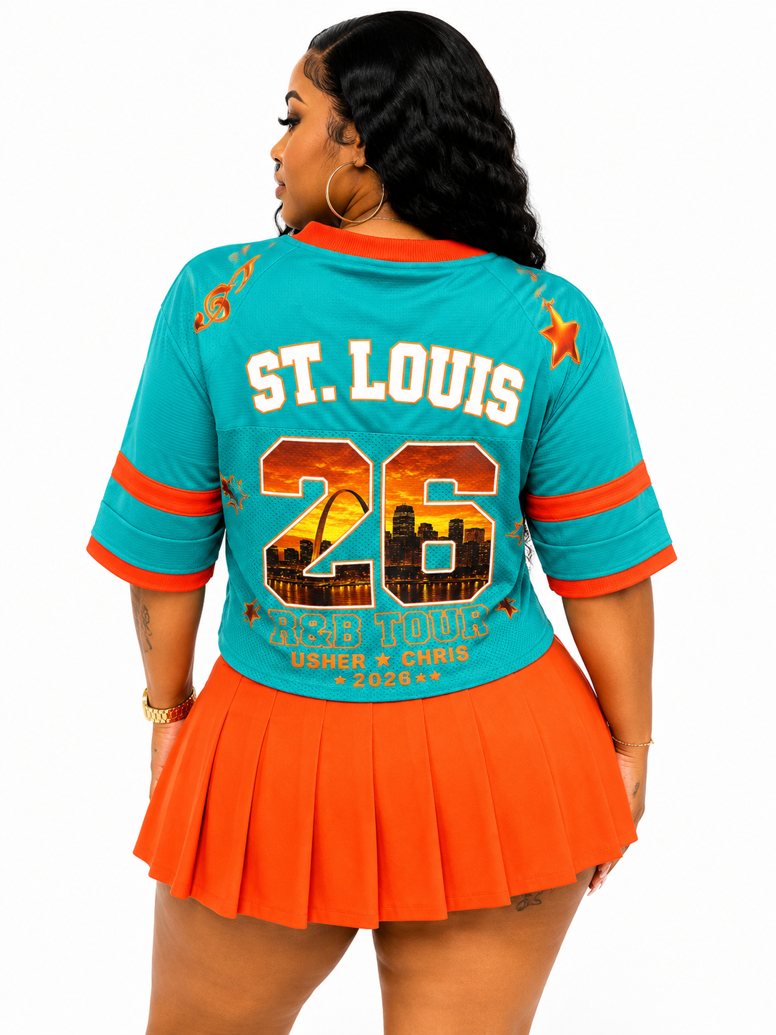 St. Louis 26 R&B Tour Cropped Football Jersey Shirt – Aqua & Orange | One of a Kind