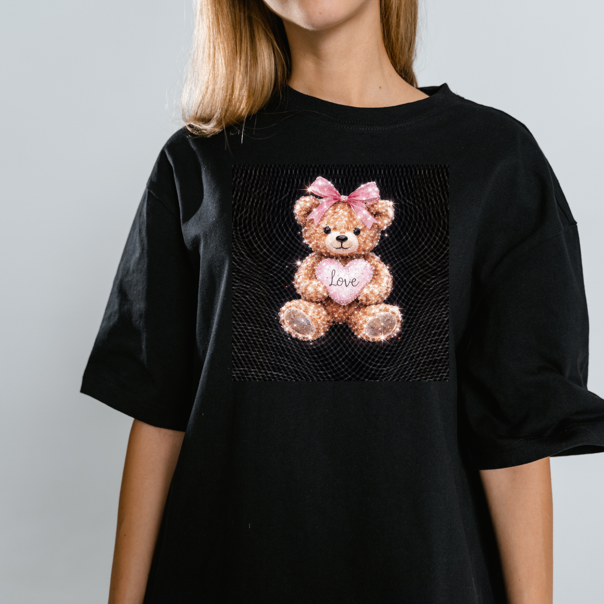 Bling Rhinestone Teddy Bear PNG, Glitter Valentine Bear with Heart Design, Sparkly Love Shirt Graphic, Sublimation Digital Download