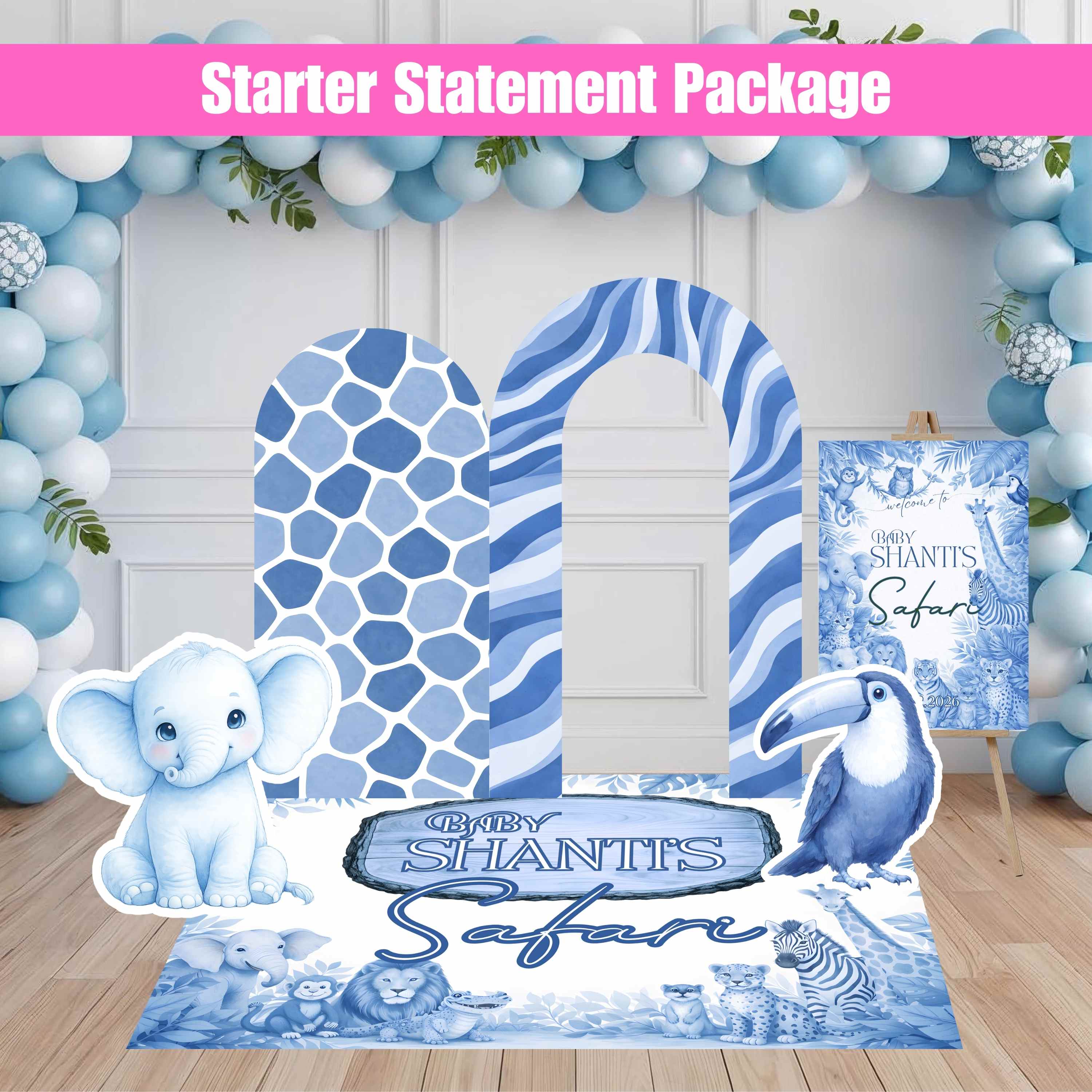 Blue Safari Birthday Packages | Backdrop, Arches, Floor Decal & Life-Size Cutouts | 4 Package Options
