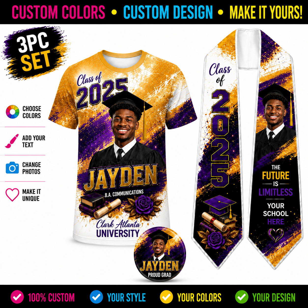 3pc 3D Shirt Bundle Including Custom Graduation Shirt, Stole & Button
