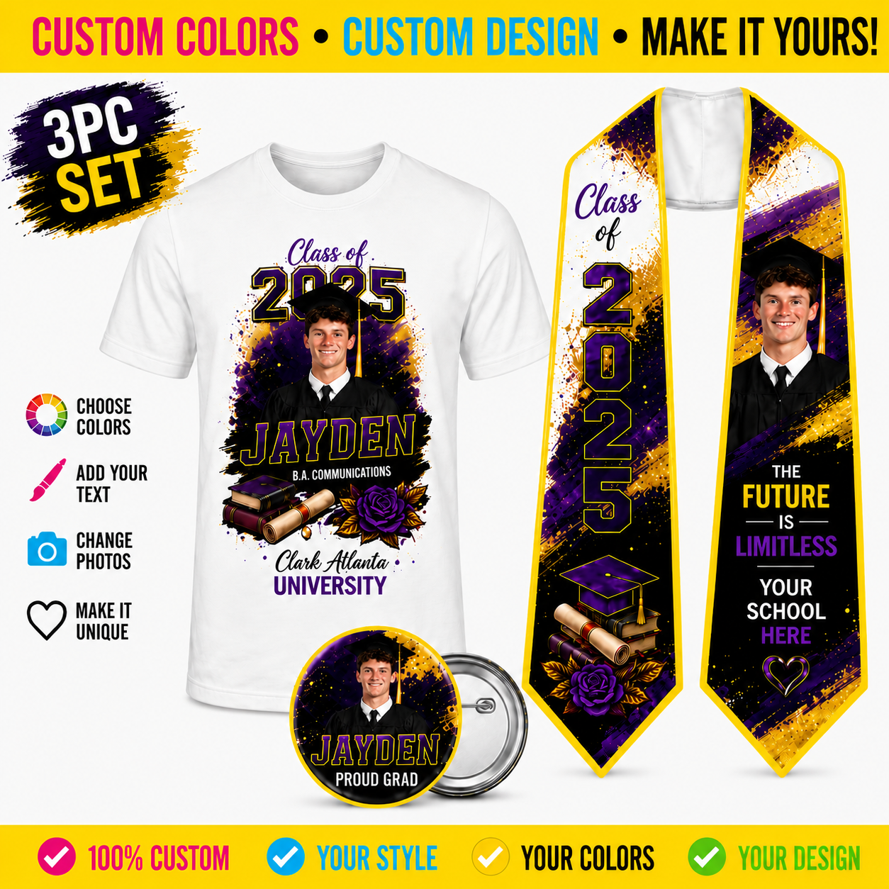 Custom Graduation Stole, T-Shirt & Button Set | Personalized 3pc Matching Grad Bundle