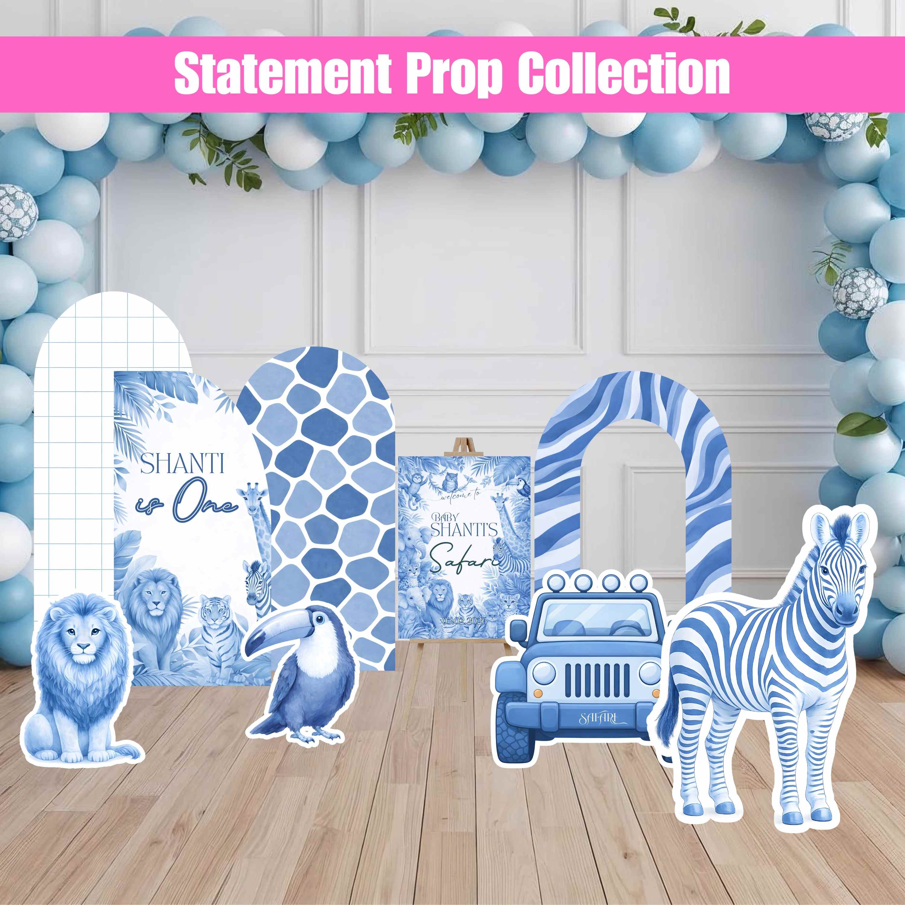 Blue Safari Birthday Packages | Backdrop, Arches, Floor Decal & Life-Size Cutouts | 4 Package Options