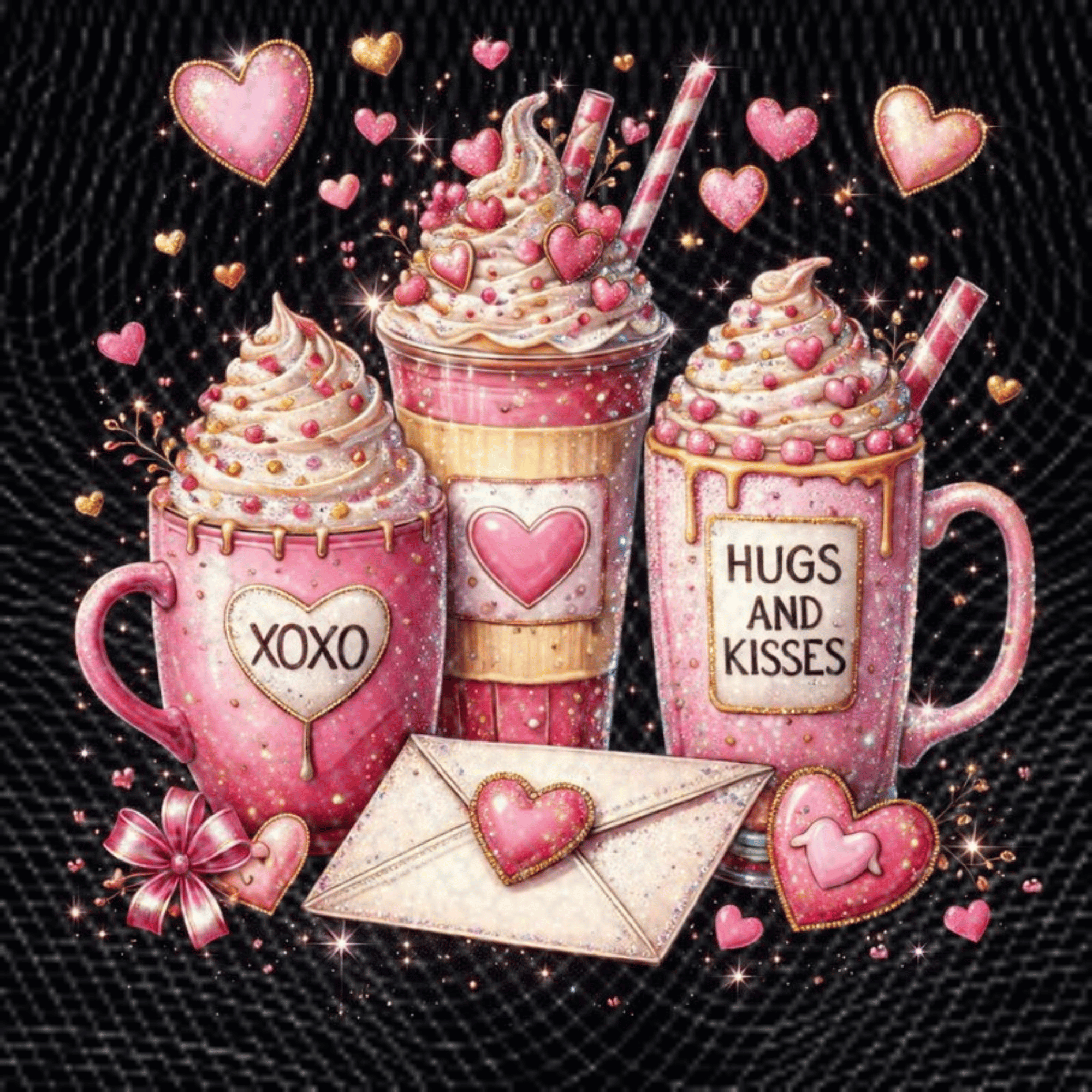 Bling Rhinestone Valentine Coffee PNG, XOXO Hugs & Kisses Love Design, Glitter Heart Drink Cups, Sublimation Shirt File, Digital Download