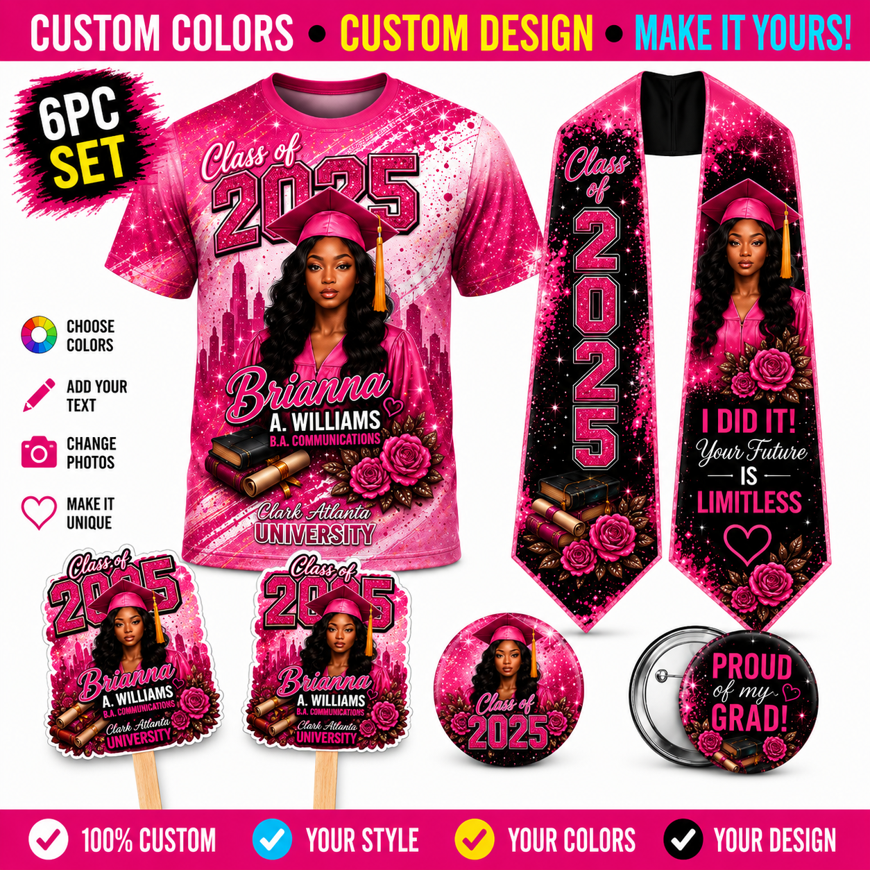 6pc 3D Shirt Bundle Including Custom Graduation Shirt, Stole, Buttons and Fans