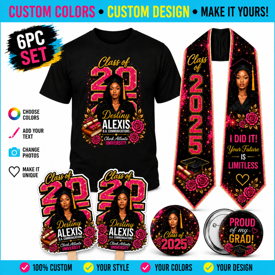 6pc Graduation Set Including Shirt, Stole, Fans & Buttons | Personalized Grad Bundle