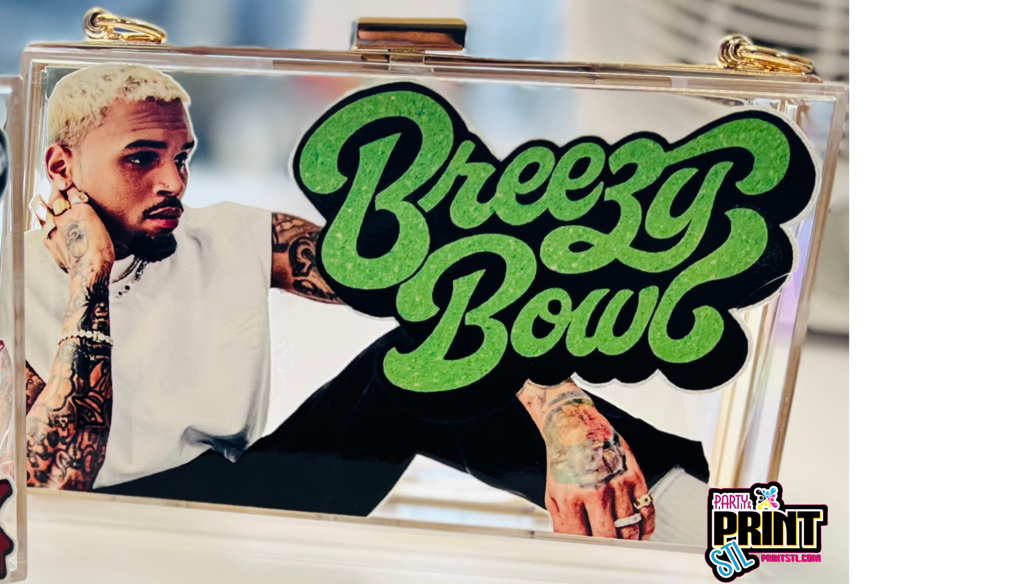Custom Green Chris Brown Breezy Bowl Acrylic Clutch Purse with Gold Chain