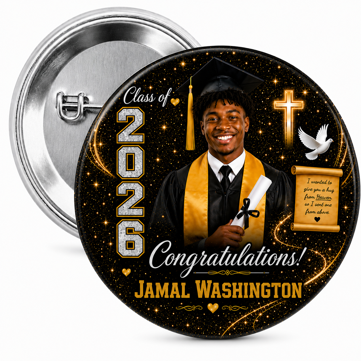 A Hug From Heaven Graduation Pin Back Button | Custom Colors Available