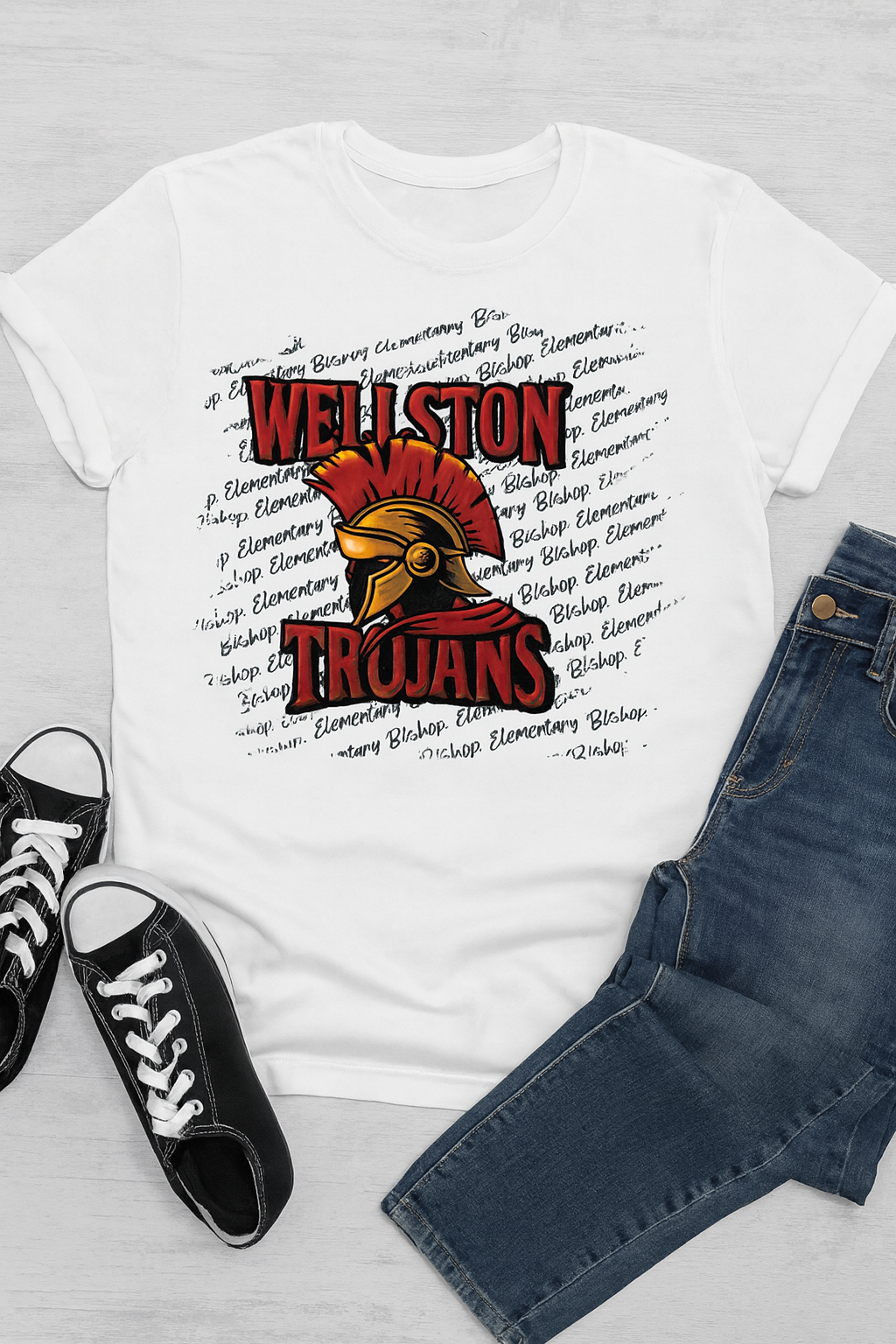 Wellston High School Trojans Alumni T-Shirt – Customizable Design with Bishop or Central Elementary Background