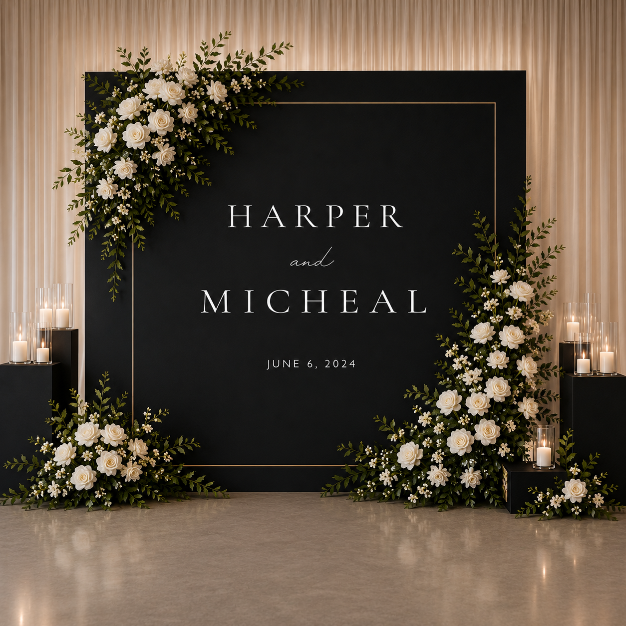 Black Tie Wedding Backdrop | Personalized Elegant Wedding Photo Backdrop | Luxury Black & White Reception Decor